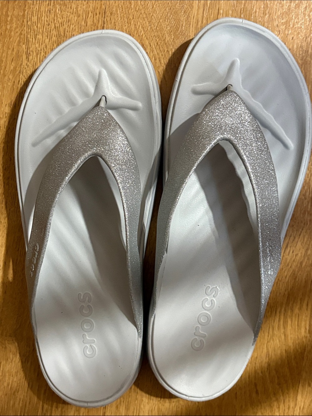 CROCS Women’s Silver Foam Sandals with Silver Glitter Straps